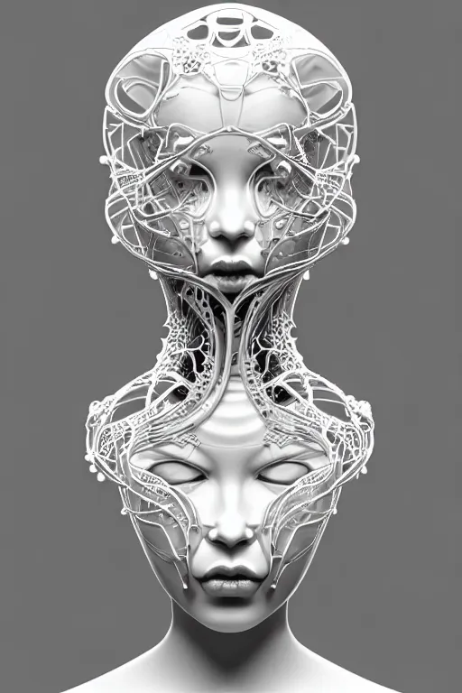 Image similar to bw 3 d render, stunning beautiful young biomechanical albino female cyborg with a porcelain profile face, angelic, rim light, big leaves and stems, roots, fine foliage lace, alexander mcqueen, art nouveau fashion embroidered, steampunk, silver filigree details, hexagonal mesh wire, mandelbrot fractal, elegant, artstation trending