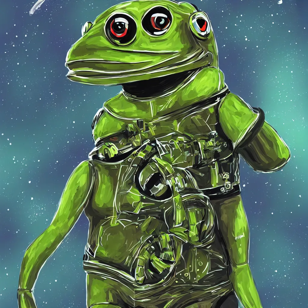 Prompt: long shot, frog wearing a complex astronaut suit in the style of 2001 a space odyssey, digital art, ultra realistic, ultra detailed, art by tasia.m.s, hyperdetailed