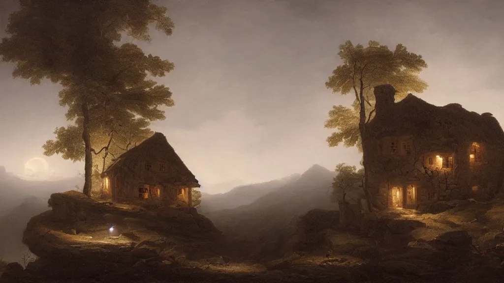 Prompt: A singular rotting cottage on a mountaintop at night, by Hubert Robert, hyperrealistic, Blender 8k UHD