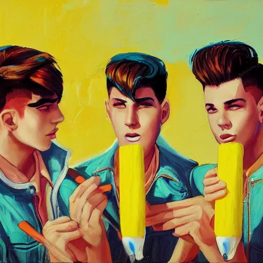 Prompt: a painting of three male teenagers with rockabilly haircuts holding yellow ice pops and looking at women in the streets high details by ross tran