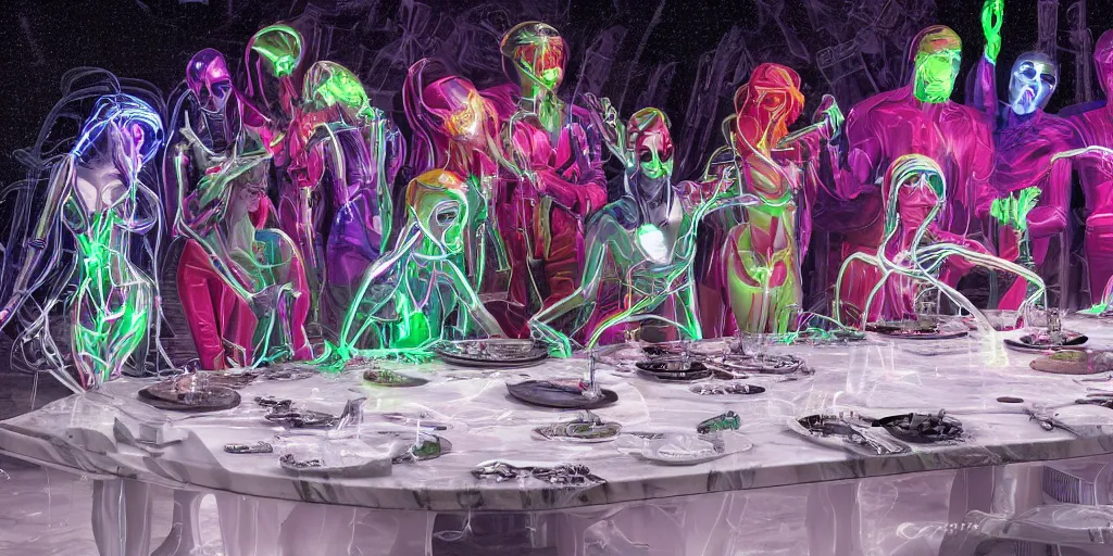 Image similar to !13 diverse aliens on !one_side of a !marble table, eating luxurios food !!posing_as_last_supper cinematic lighting, their clothes are high tech suits, intricate cables adorne their bodies and heads, neon, detailed implants, satin, crystal, liquid, surreal, floating, !!highly detalied, 8k, artstation, by Rolf Armstrong