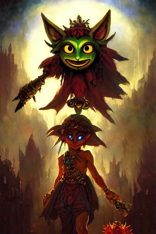 Prompt: majora's mask as a magic the gathering card portrait dnd, painting by gaston bussiere, craig mullins, greg rutkowski, yoji shinkawa