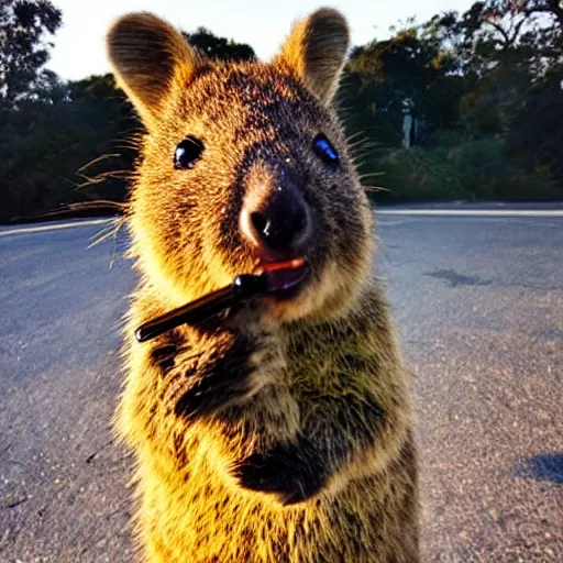 Image similar to happy quokka taking a selfie and smoking a joint, golden hour, ultra realistic