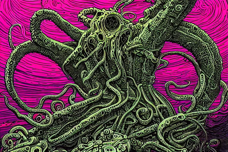 Image similar to a giant lovecraftian skulled tentacle creature gripping a black hole by dan mumford, digital art, photorealistic, vivid colors, highly detailed, intricate