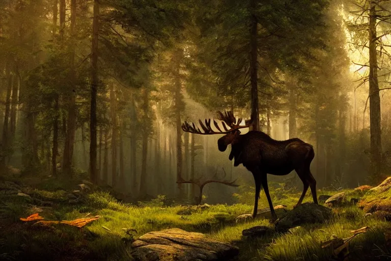 Prompt: a moose in the forest, beautiful dynamic lighting, cinematic, wide angle establishing shot, extremely high detail, photo realistic, cinematic lighting, post processed, concept art, artstation, matte painting, style by frederic church, raphael lacoste