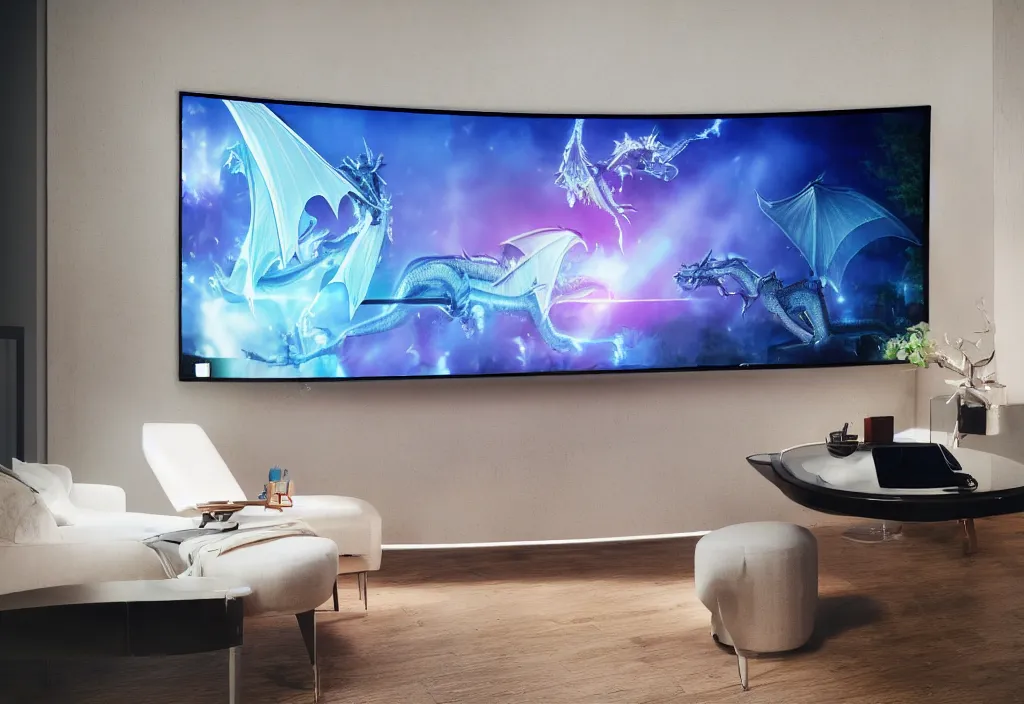 Image similar to curved transparent 3 dtv dragon popping out of tv, volumetric lighting, bedroom, visor, users, pair of keycards on table, bokeh, creterion collection, shot on 7 0 mm, instax