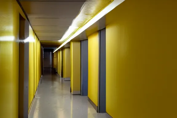 Image similar to an endless space of hallways with old yellow wallpaper from the 1970s lit by fluorescent lights