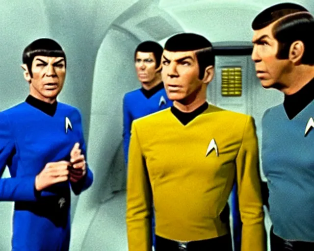 Image similar to film still from star trek, james kirk and spock, 1 9 6 8