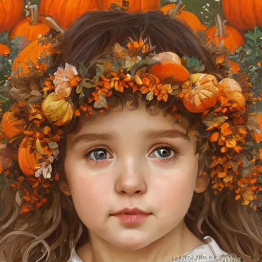Image similar to a cute little girl with light brown wavy curly hair and blue eyes sitting amidst piles of pumpkins. beautiful cute highly detailed face. she is wearing an autumn leaf and flower crown. autumn and fall and halloween themed painting by artgerm and greg rutkowski and alphonse mucha.