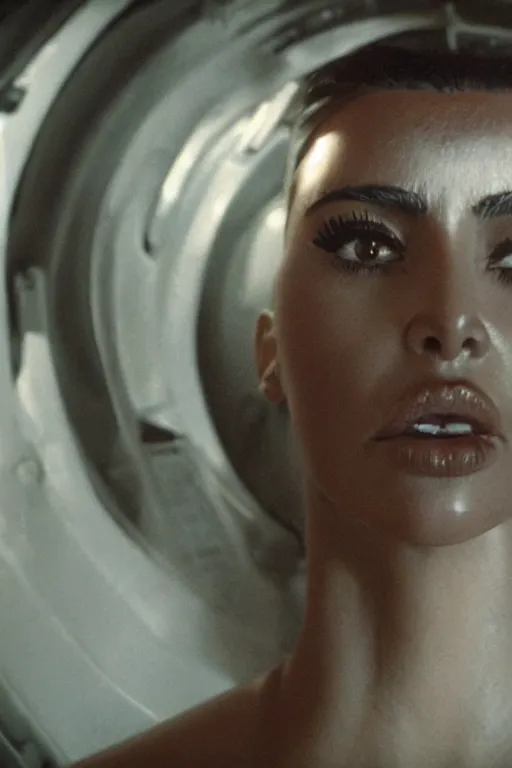 Image similar to film still of kim kardashian in the movie Alien, alien spider attached to her face as she tries to resist, scary, cinematic shot, 4k.