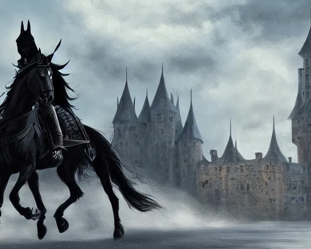 Image similar to black knight on a black horse, black castle silhouette in background, illustration, by ( kieran yanner ) ( miranda meeks ) ( anna podedworna ) ( cristi balanescu ), digital art