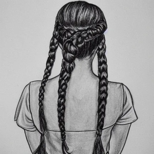 Prompt: woman girl neat plait hair back of head behind rear b&w black white pencil drawing