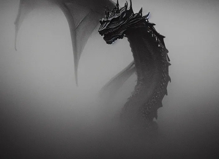 Prompt: dragon by Andrei Tarkovsky style, mist, lomography photo effect, monochrome, noise grain film