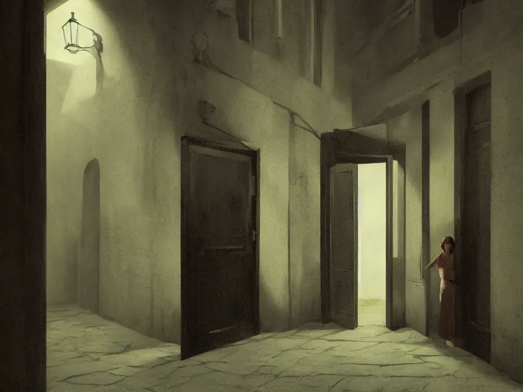 Image similar to a detailed matte painting of a nightscene with a dark alley at the end an illuminated door in the style of greg rutkowski and edward hopper