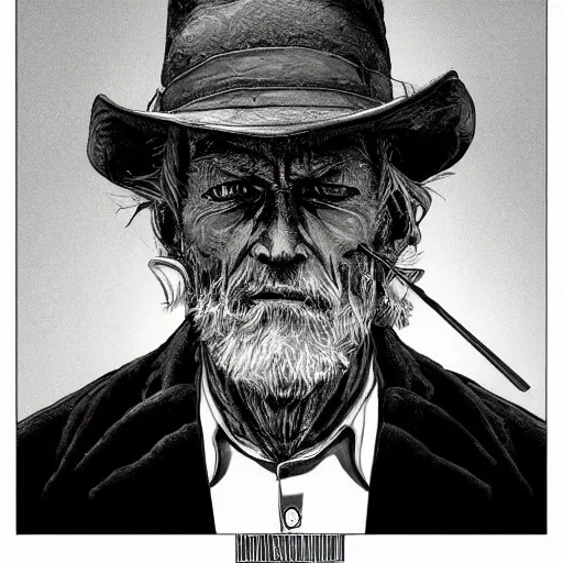 Prompt: portrait of an old man, style is 99 percent Moebius and 1 percent Brad Rigney, blue lighting