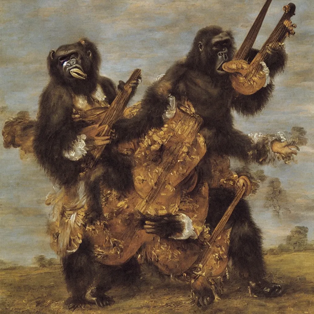 Prompt: oil painting by Watteau of a gorilla in 18th century clothing playing a hurdy-gurdy.