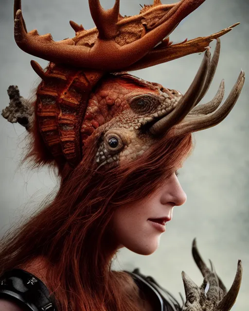 Prompt: 5 5 mm portrait photo of an armored redhead woman with ( antlers on her head ) and a an ( iguana on her shoulder ), by luis royo. highly detailed 8 k. intricate. lifelike. soft light. nikon d 8 5 0. cinematic post - processing