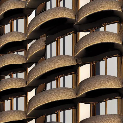 Image similar to architecture photo of a wavy building with many balconies made from ligaments and bones and tendons and tissue 8 k detailed hd digital render steampunk