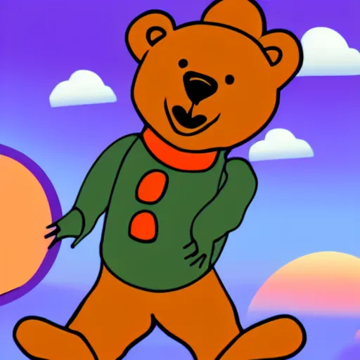 Image similar to cartoon animated bear wearing clothes being launched out of a futuristic machine into a purple and orange cloud land