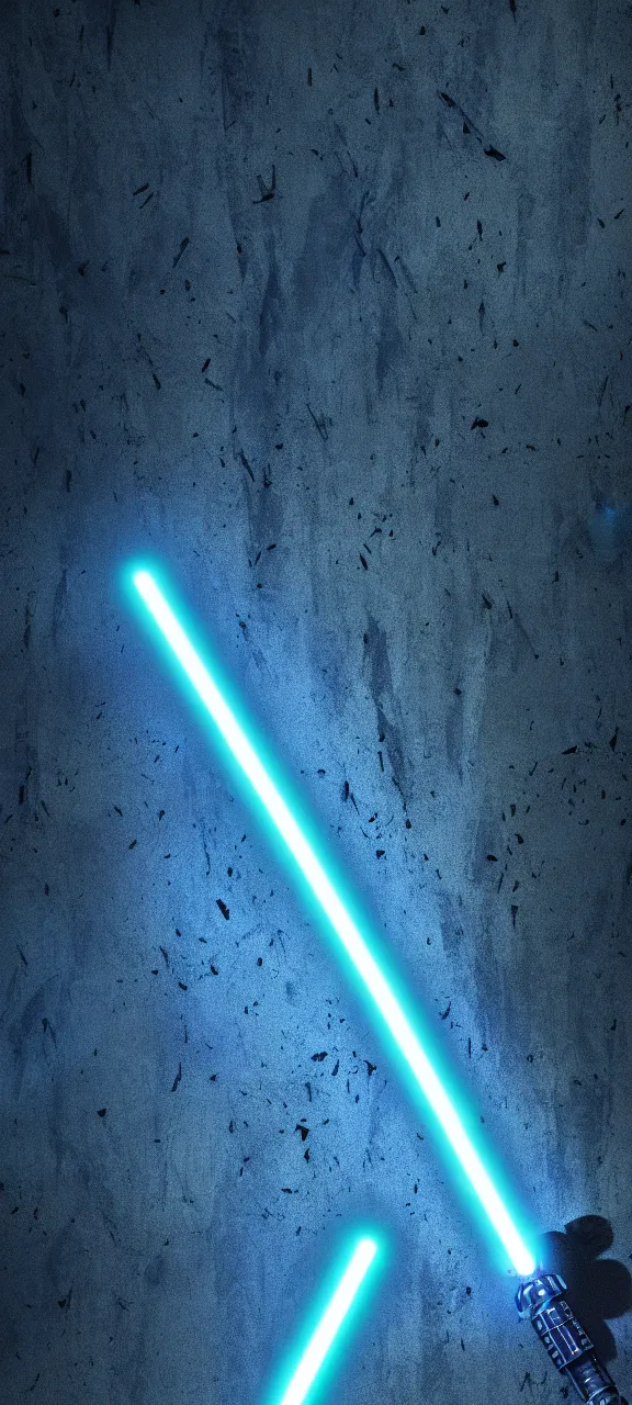 Image similar to detailed cinematic render, of a blue cyberpunk lightsaber lying vertically on a detailed forest floor, in a dark room, photo from above, octane render 8 k, digital art, lightsaber wallpaper 4 k, ray tracing, jedi fallen order lightsaber wallpaper 4 k, cal kestis lightsaber wallpaper