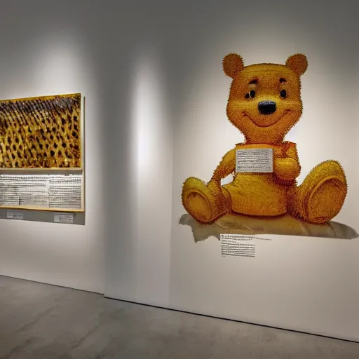 Prompt: winnie the pooh goes to an exhibition about honey, paintings of honey comb, sculptures of bees, white gallery, contemporary art, photorealistic