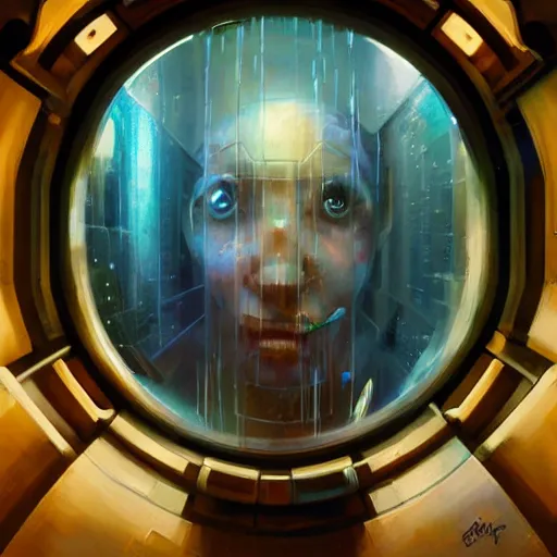 Image similar to detailed face of a cyborg, large hadron collider, dimensional portal, teleportation, wet reflections, prism, atmospheric, ambient, pj crook, syd mead, livia prima, artgerm, greg rutkowski, nick alm, casey baugh