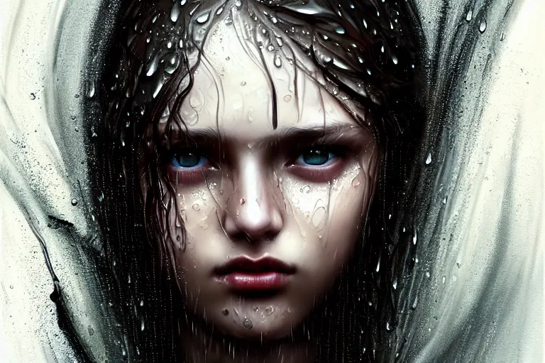 Image similar to girl flying freely in rain with wet hair and face, glowing eyes, fantasy, captivating dynamic facial expression, intricate, elegant, dramatic lighting, emotionally evoking symbolic metaphor, highly detailed, lifelike, photorealistic, digital painting, artstation, concept art, smooth, sharp focus, illustration, art by John Collier and Albert Aublet and Krenz Cushart and Artem Demura and Alphonse Mucha