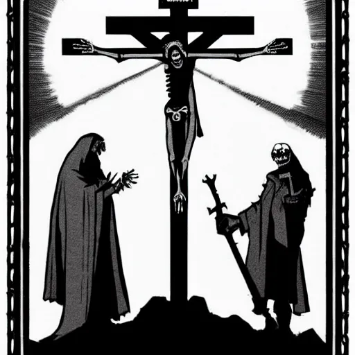 Prompt: A crucifix made of light, with two evil skeletons on both sides. Dark Fantasy, Film Noir, Black and White. High Contrast, Mike Mignola, D&D, OSR