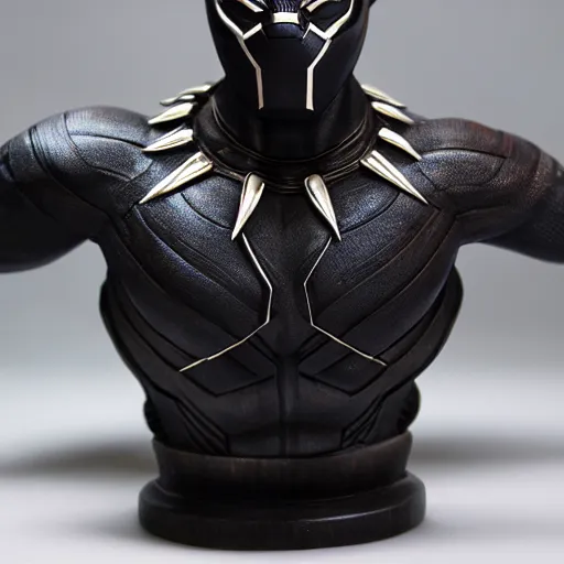 Image similar to a real - world sculpture bust of the black panther marvel character, made of highly polished walnut wood, polished, cedar, polished tiger - wood. photograph, photographic, 3 5 mm