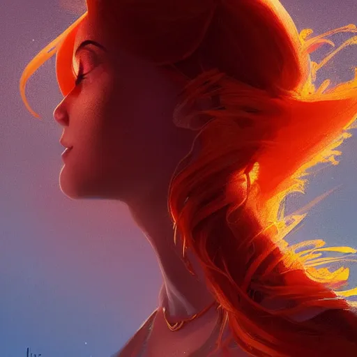 Image similar to portrait of beautiful woman with flaming orange hair, maya ali mage, gloomhaven, dynamic lighting, gaudy colors, octane render aesthetic, matte painting concept art, official fanart behance hd artstation by jesper ejsing, by rhads and makoto shinkai and lois van baarle and ilya kuvshinov and rossdraws