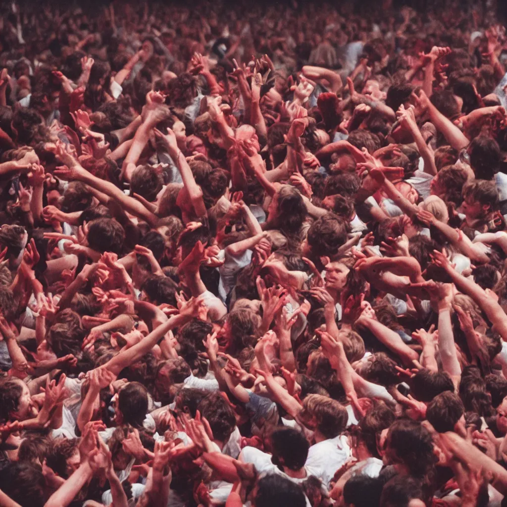 Prompt: medium close-up picture of a intense mosh pit during a 1980s rock concert with maroon red liquid being spelt all over the crowd, Cinestill 800t 18mm, heavy grainy picture, very detailed, high quality, 4k panoramic, HD criterion, dramatic lightning