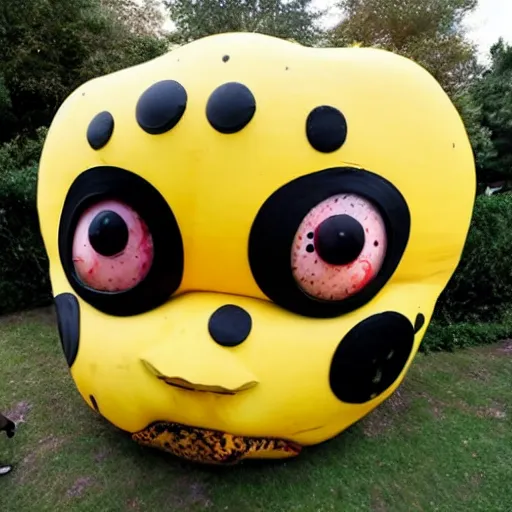 Image similar to a giant banana covered in eyeballs, scared people running