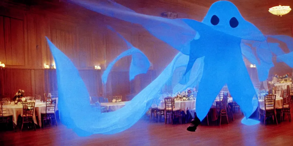 Image similar to a blue glowing phantom hovers inside of a banquet hall ( 1 9 8 4 ).