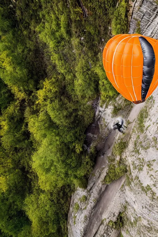 Image similar to cinematic hairy tiger attached to a large open balloon parachute jumping from a mountain cliff. photo captured by a drone. wide angles lens. epic