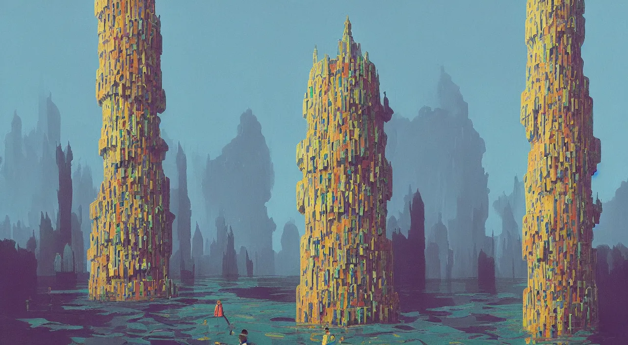 Image similar to single flooded simple fractal tower, very coherent and colorful high contrast!! masterpiece by rene magritte simon stalenhag carl spitzweg syd mead norman rockwell edward hopper james gilleard, minimalist, dark shadows, sunny day, hard lighting