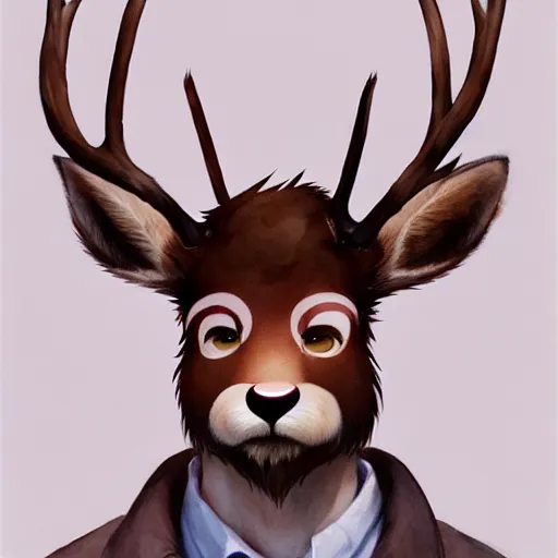 Image similar to character design portrait of a stupid chinese anthropomorphic furry deer man with deer ears, short brown hair, wearing a suits, looking at the camera, 4 k, concept art, by wlop, wenjun lin, watercolor, ilya kuvshinov, artgerm, krenz cushart, pixiv.