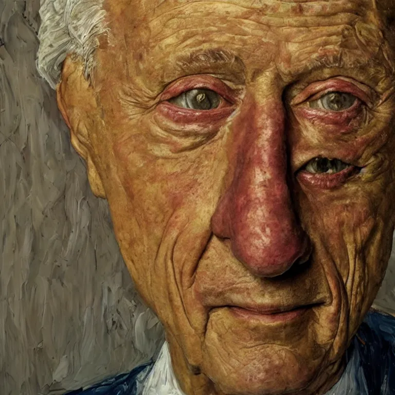 Image similar to close up studio portrait of aging old Bill Clinton age 103 wrinkled sad, impasto oil painting by Lucian Freud and Tim Hawkinson and Cy Twombly, trending on artstation Studio lighting Expressionism