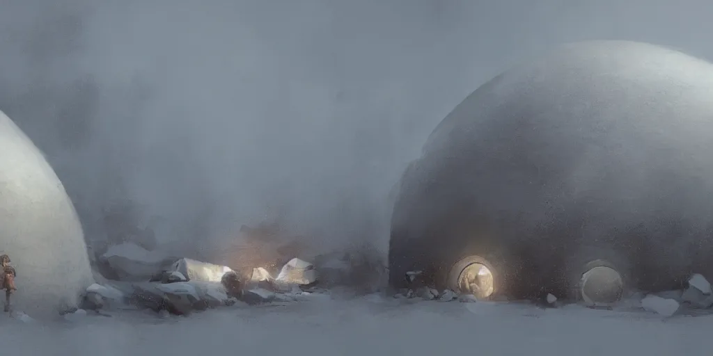 Image similar to young girl back to us in front of an round igloo in the tundra,, mysterious matte painting by ruan jia and craig mullins, trending on artstation