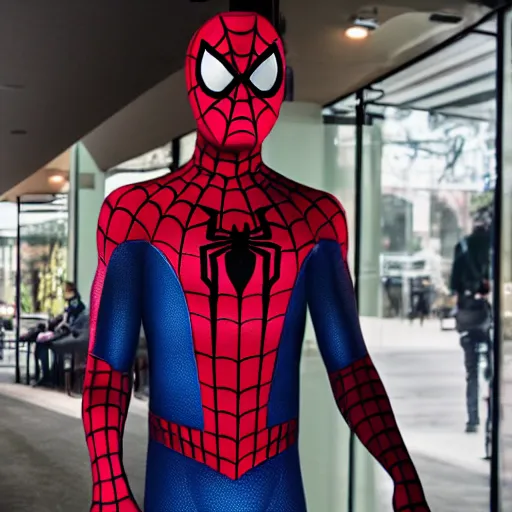 Prompt: spiderman standing in line at starbucks, photorealistic