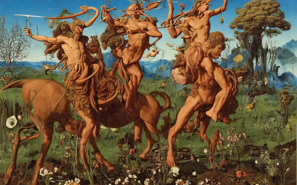 Image similar to a portrait photograph of a meditating satyr and a centaur monk riding a rocket machine and hunting at a river delta. surrounded by bulbous flowers and trees. mountain range under a blue sky of fiery stars. by jan van eyck, max ernst, ernst haeckel, ernst fuchs and artgerm, cgsociety, fashion editorial, 8 k