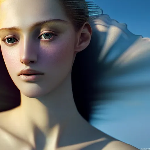 Prompt: photographic portrait of a stunningly beautiful renaissance female with pearlescent skin, white irises and dark eye makeup, in soft dreamy light at sunset, god rays, contemporary fashion shoot, by edward robert hughes, annie leibovitz and steve mccurry, david lazar, jimmy nelsson, extremely detailed, hyperrealistic, perfect face, octane render