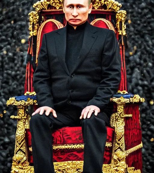 Image similar to A photo of vladimir putin the barbarian sitting on his throne, award winning photography, sigma 85mm Lens F/1.4, perfect faces