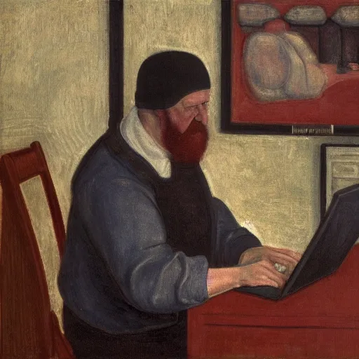 Image similar to angry scottish man at computer, detailed, ray tracing, 4 k, by paula modersohn - becker