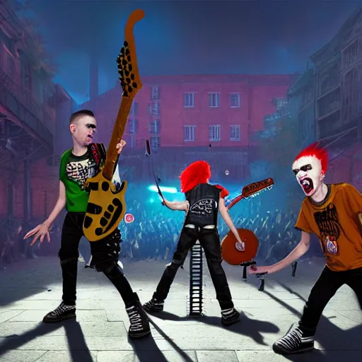 Image similar to 4 punks in school uniform with mohawks stand on stage with guitars and drums and microphones and yell day, foreground fight of ravers and punks, by marc simonetti, tyler edlin, deviantart, ray tracing, octane render, digital art, realistic, high quality, 8 k