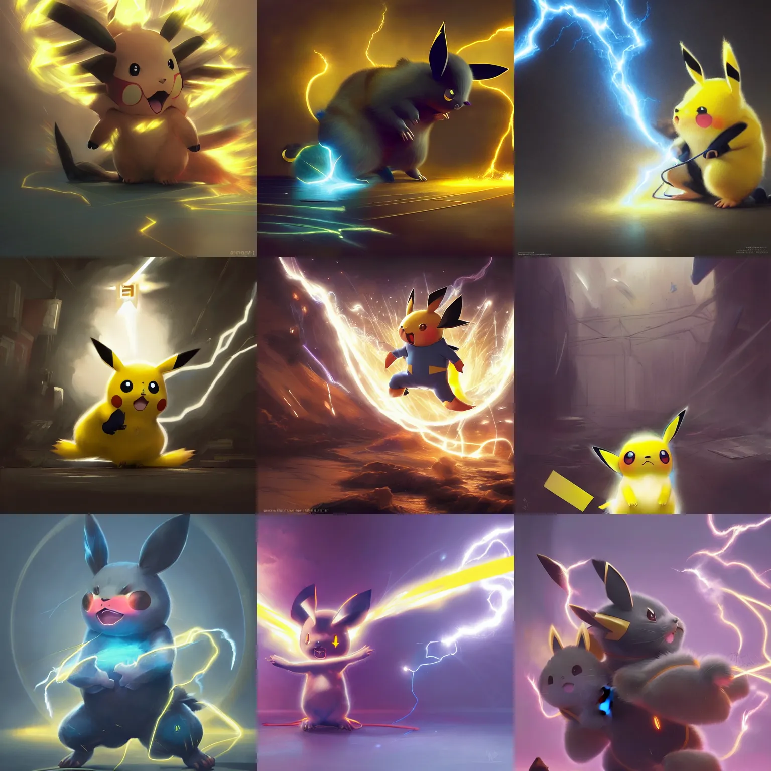 Prompt: pikacu doing an electric attack, dynamic pose, pokemon, yellow arcs of electricity, dramatic lighting, highly detailed, digital painting, 3 d render, hyper realistic detailed portrait, greg rutkowski, wlop, ruan jia, peter mohrbacher