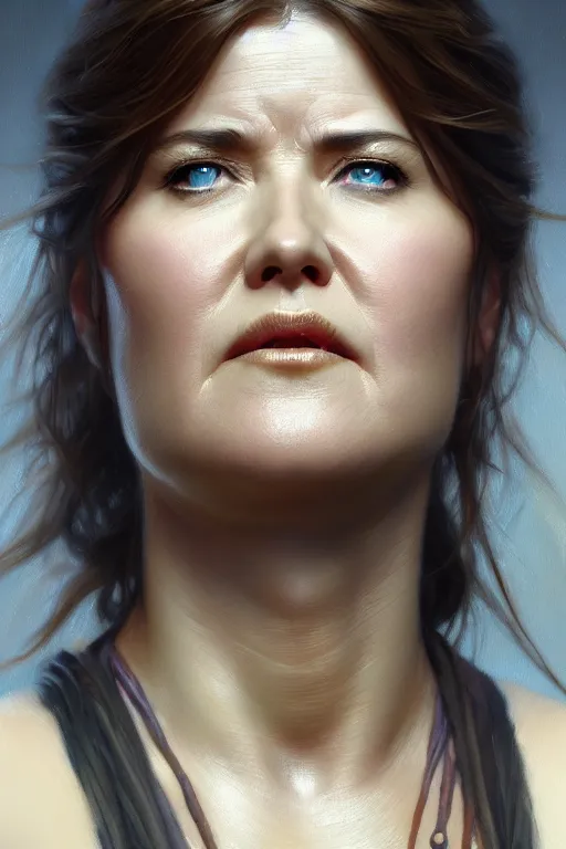 Image similar to ultra detailed close up facial portrait of young lucy lawless as xena, extremely detailed digital painting, in the style of fenghua zhong and ruan jia and jeremy lipking and peter mohrbacher, mystical colors, rim light, beautiful lighting, 8 k, stunning scene, raytracing, octane, trending on artstation