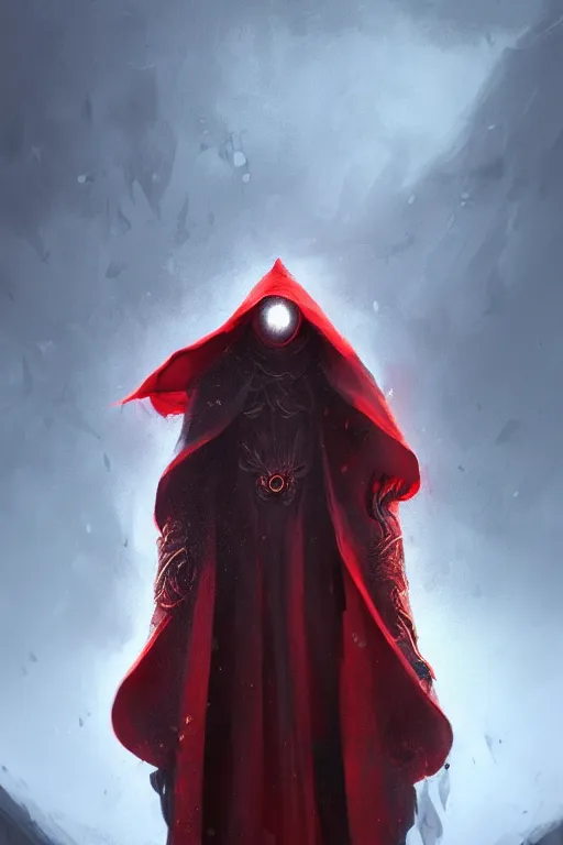 Prompt: A full body portrait of a mysterious character with no face with a very long hooded crimson red cloak, a golden crown floating above his head tentacles coming out the ground art by James Paick, and Shaddy Safadi, ominous, cosmic horror, trending on artstation, Ultra detailed, hyper realistic 4k