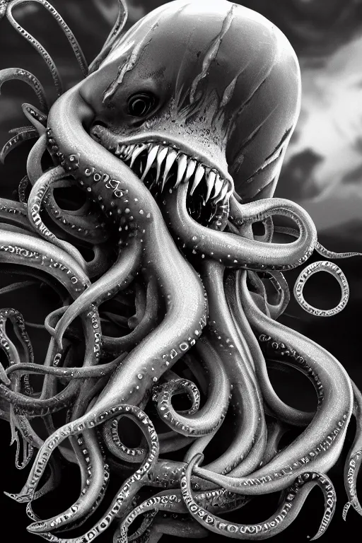 Prompt: black and white, sea enemies, extra teeth, tentacles, highly detailed, digital painting, artstation, concept art, sharp focus, illustration, unreal engine 5, 8 k