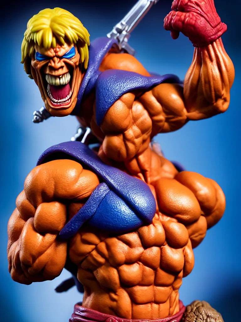 Image similar to hyperrealistic rendering, he - man by art of skinner and richard corben and jeff easley, product photography, action figure, sofubi, studio lighting, colored gels