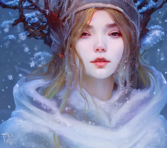 Prompt: beautiful ancient frost witch, fire in eye, snow glow, pool party, highly detailed, digital painting, artstation, sharp focus, illustration, art by tan zi and ayanamikodon and alphonse mucha and wlop!